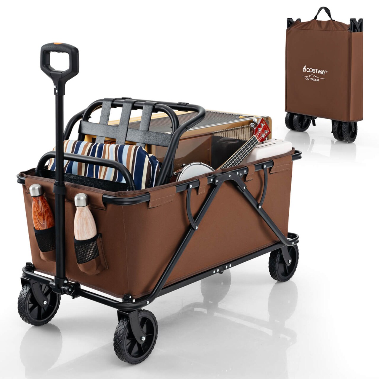 Costway Heavy-Duty Wagon Cart with Adjustable Handlebar Bottle Holders & Storage Pocket Coffee/Grey